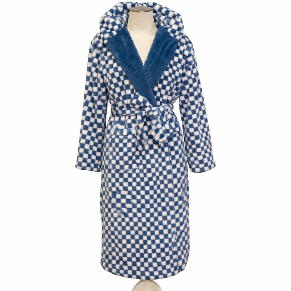 Minky Couture Plush Hooded Robe Blue White Checkered Cozy Soft Size Small EUC